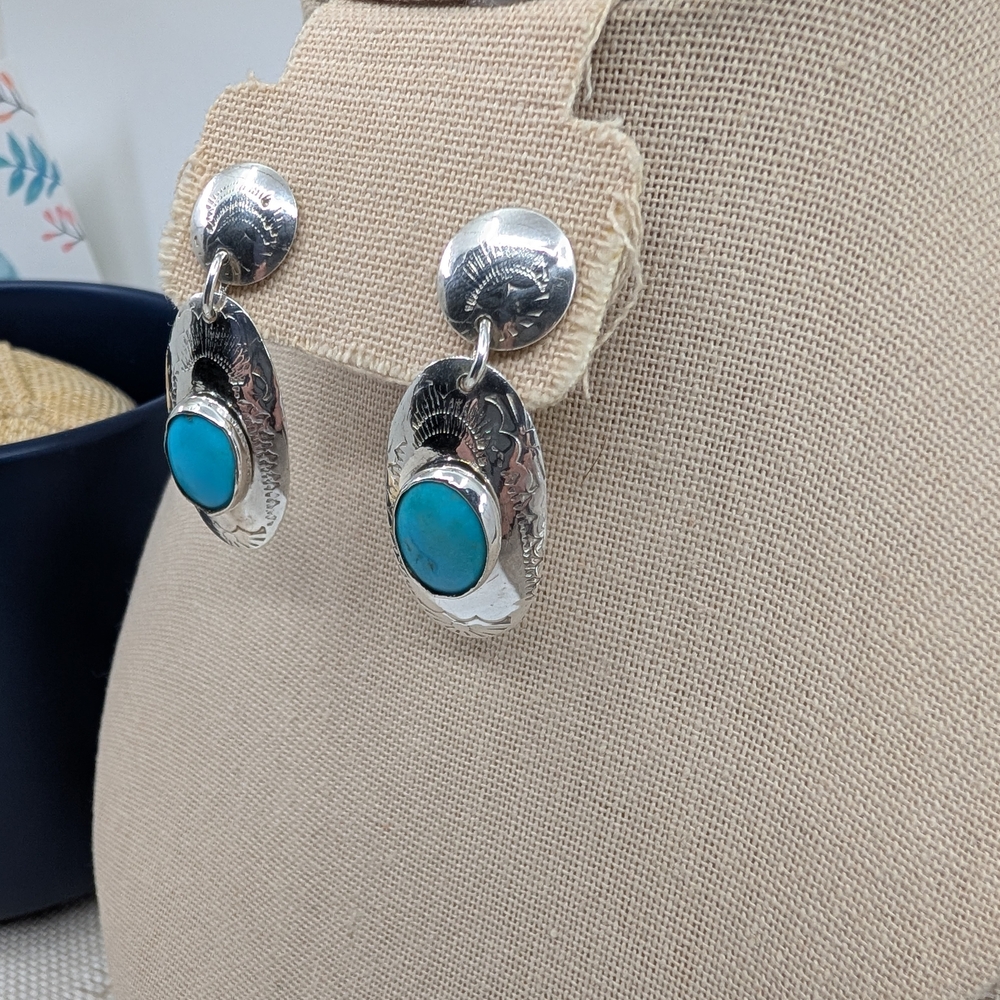 Vintage Handmade Sterling Silver Turquoise Stud Earrings | Florida Keys | 1.75” - Picture 8 of 16